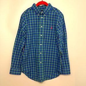 Ralph Lauren | Boys Plaid Button Down Shirt | Blue, Green, Yellow | Size M 10-12